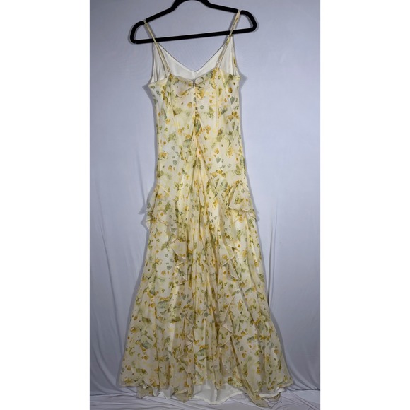 Forever 21 Floral Maxi Slip Dress Size Lg Yellow Green Ruffle Chiffon Ethereal - Picture 3 of 7